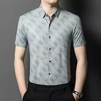 Новая летняя мужская модная рубашка с короткими рукавами с принтом, бесшовная тонкая повседневная рубашка из ледяного шелка среднего возраста M зелёный