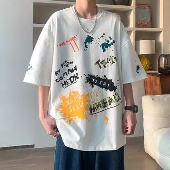 Новая летняя мужская модная свободная одежда, брендовая студенческая футболка с короткими рукавами, топ с круглым вырезом, футболка с пятым рукавом и половиной рукава