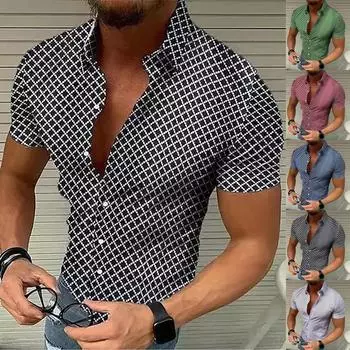 Новая летняя мужская облегающая рубашка с принтом, большая модная повседневная мужская рубашка с коротким рукавом L чёрный