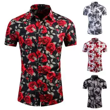 Новая летняя мужская облегающая рубашка с принтом, большая модная повседневная мужская рубашка с коротким рукавом L чёрный