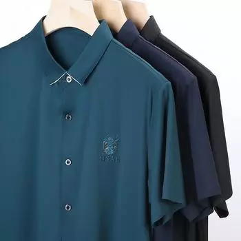 Новая летняя мужская однотонная рубашка с принтом, рубашка с короткими рукавами и лацканами, модная тонкая облегающая рубашка для молодежи и среднего возраста M