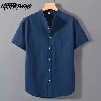 Новая летняя мужская рубашка, повседневная хлопково-льняная рубашка с коротким рукавом, однотонная рубашка с воротником-стойкой и карманом, дышащая простая стильная мужская одежда M белый