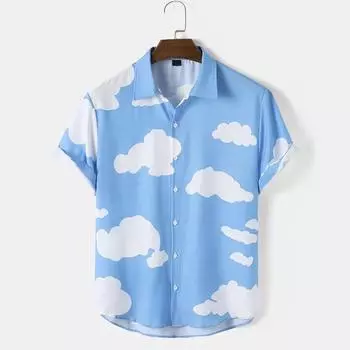 Новая летняя мужская рубашка с принтом облачного неба, мужская свободная рубашка с короткими рукавами и отложным воротником в пляжном стиле S светло-синий