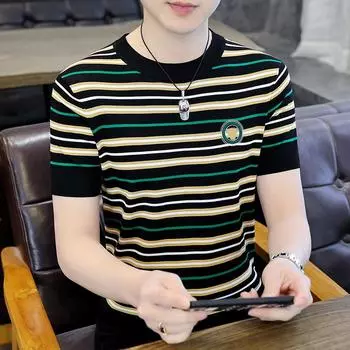 Новая летняя мужская вязаная футболка из ледяного шелка, эластичная универсальная полосатая футболка с короткими рукавами, тонкая футболка, топ