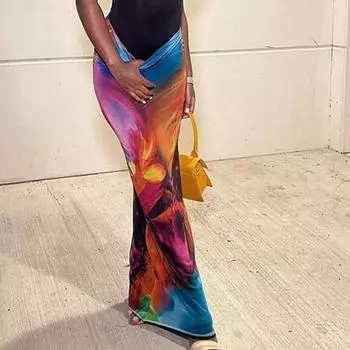 Новая летняя новинка с цветным принтом, высокая талия, полуюбка средней длины с разрезом, прямая юбка-труба для девочек с буквенным принтом S разноцветный