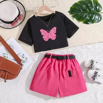 Новая летняя одежда для девочек для больших девочек, комплект из топа с короткими рукавами в иностранном стиле и принтом бабочки, От 6 до 12 лет 130cm/8Y чёрный