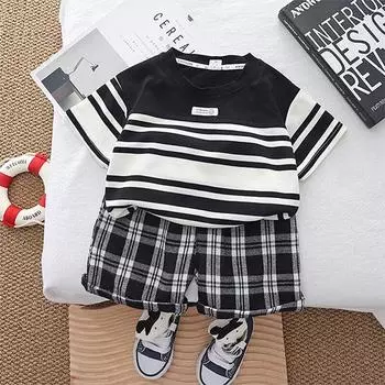 Новая летняя одежда для малышей, повседневные полосатые шорты в клетку с короткими рукавами и короткими рукавами, комплект из двух предметов, простой хлопок 1-2 Years чёрный
