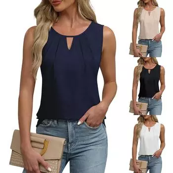 Новая летняя однотонная плиссированная футболка, шифоновый жилет, топ без рукавов с вырезами