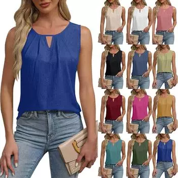 Новая летняя однотонная плиссированная футболка, шифоновый жилет, топ без рукавов с вырезами XL синий