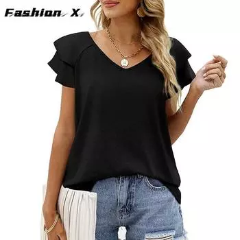 Новая летняя однотонная свободная футболка с v-образным вырезом и двухслойными рукавами с рюшами S чёрный