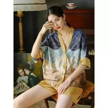 Новая летняя пижама с принтом V-образным вырезом, женская пижама, комплект из 2 предметов из шелкового атласа с короткими рукавами, свободная повседневная домашняя одежда M