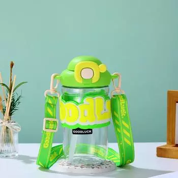 Новая летняя портативная кружка для девочек, большая емкость, пластиковая кружка для воды, портативная, с высоким ремешком, детская кружка для воды с трубочкой зелёный