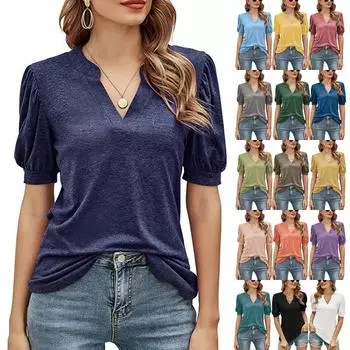 Новая летняя повседневная однотонная футболка с v-образным вырезом и короткими рукавами и пышными рукавами, женский топ S армия зеленый