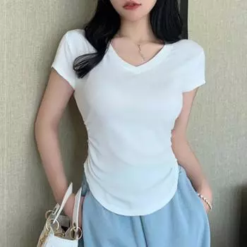 Новая летняя приталенная футболка с v-образным вырезом и коротким рукавом для женщин, модная хлопковая белая повседневная футболка, женские элегантные винтажные простые женские футболки 24383 One Size белый