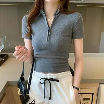 Новая летняя приталенная хлопковая футболка с коротким рукавом, женские простые топы на молнии в стиле S белый