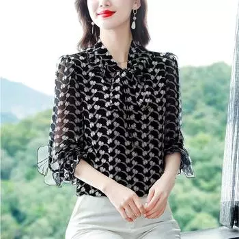 Новая летняя рубашка с бантом и шарфом, воротником с рюшами, женская модная шифоновая рубашка с цветочным принтом, топ с длинными рукавами, блузка для мамы 4XL M чёрный