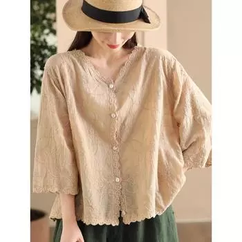Новая летняя рубашка с V-образным вырезом, женская кружевная блузка с пуговицами, короткий рукав, базовые модные топы, футболки, повседневные свободные зеленые футболки One Size розовый
