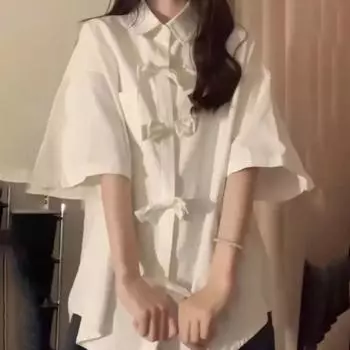 Новая летняя рубашка в китайском стиле для женщин, свободный тонкий модный универсальный однотонный топ с короткими рукавами и бантом S белый