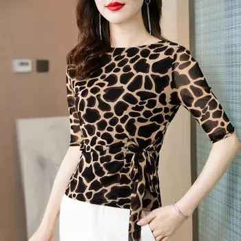 Новая летняя сетчатая рубашка для женщин большого размера с короткими рукавами, модным верхом, круглым вырезом, леопардовым принтом, футболка L