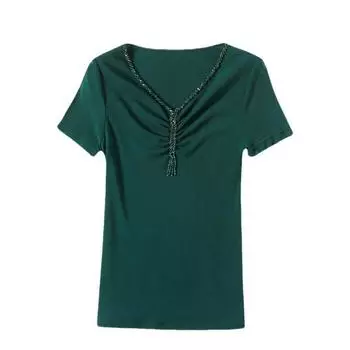 Новая летняя сексуальная футболка с V-образным вырезом для женщин, короткий рукав, расшитый бисером, модная и универсальная обтягивающая рубашка M чёрный