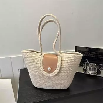 Новая летняя сумка-тоут 2024 года с жемчужной пряжкой, простая сумка через плечо, деловая пляжная сумка из хлопчатобумажной нити, ручная работа белый