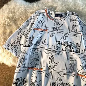 Новая летняя свободная футболка с принтом маленького динозавра, универсальный топ XXL белый