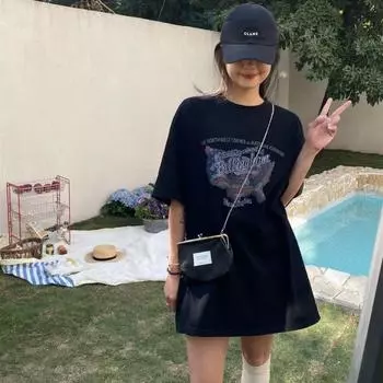 Новая летняя свободная и универсальная футболка с короткими рукавами и принтом M чёрный