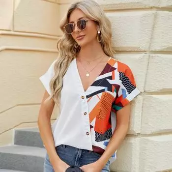 Новая летняя свободная шифоновая рубашка с v-образным вырезом и геометрическим принтом, женская элегантная блузка с коротким рукавом, женские свободные модные офисные женские топы 24074 S оранжевый