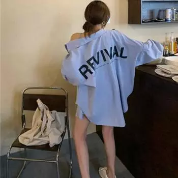 «Новая летняя свободная синяя рубашка средней длины с длинными рукавами — повседневный стиль BF» XL синий