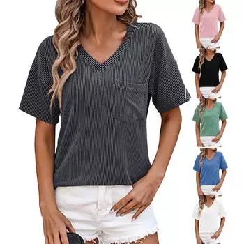 Новая летняя свободная женская футболка с v-образным вырезом и витыми полосками, красочная с короткими рукавами L чёрный