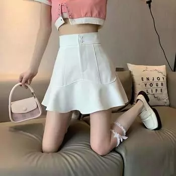 Новая летняя юбка-рыбий хвост с высокой талией и оборками, студенческая тонкая юбка-бюстье А-силуэта, сексуальная модная короткая юбка на бедрах S 80-47.5 kg