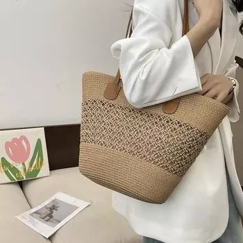 Новая летняя универсальная, простая и модная тканая сумка из травы большой вместимости, полая тканая пляжная сумка на одно плечо, женская сумка
