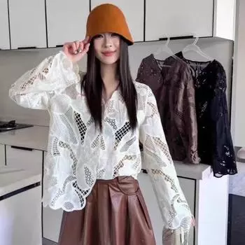 Новая летняя весенняя рубашка с V-образным вырезом женская блузка с длинным рукавом базовые модные топы футболки кружевные повседневные свободные белые футболки One Size бежевый