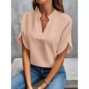 Новая летняя женская элегантная рубашка для поездок на работу, простая однотонная модная рубашка с V-образным вырезом и короткими рукавами, свободная повседневная праздничная рубашка S зелёный