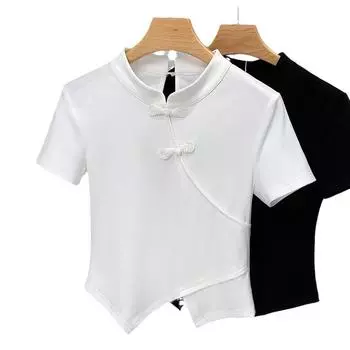 Новая летняя женская белая футболка с короткими рукавами и воротником-стойкой в китайском стиле с наклонными пуговицами S белый