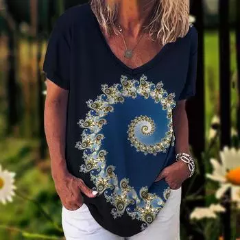 Новая летняя женская футболка с 3d цветочным принтом и v-образным вырезом, блузка с короткими рукавами, модные футболки больших размеров для женской одежды, женская футболка Y2k S