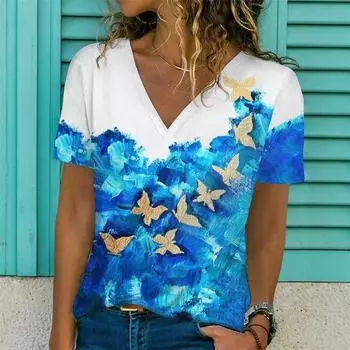 Новая летняя женская футболка с цветочным принтом и v-образным вырезом, сексуальный топ с коротким рукавом, модная футболка с принтом, футболка в стиле Харадзюку, женские размеры больших размеров 6xl XXS