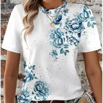 Новая летняя женская футболка с цветочным принтом, повседневная праздничная футболка с 3d принтом, повседневные футболки с короткими рукавами, модные женские футболки с круглым вырезом 5XL