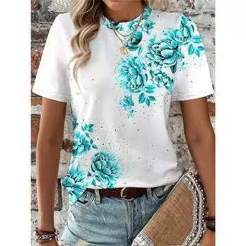 Новая летняя женская футболка с цветочным принтом, повседневная праздничная футболка с 3d принтом, повседневные футболки с короткими рукавами, модные женские футболки с круглым вырезом XL