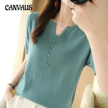 Новая летняя женская футболка с короткими рукавами, свободная тонкая трикотажная футболка с v-образным вырезом, универсальные тонкие топы с короткими рукавами на тонких пуговицах XXL чёрный