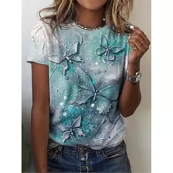 Новая летняя женская футболка с принтом 3D-бабочки в стиле Харадзюку, модная футболка с круглым вырезом и коротким рукавом, свободные дизайнерские женские топы S