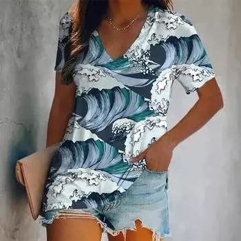 Новая летняя женская модная футболка с 3D-волновым рисунком, топы с V-образным вырезом, футболки, женская винтажная одежда с коротким рукавом, женская повседневная одежда S