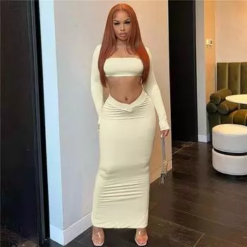 Новая летняя женская модная футболка с квадратным вырезом и открытым пупком, облегающая юбка с низкой талией и полуюбкой на бедрах, комплект S чёрный