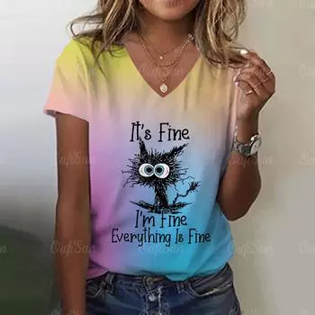 Новая летняя женская модная футболка с v-образным вырезом, повседневная верхняя рубашка, повседневная женская футболка с 3d мультяшным принтом, обычная уличная женская одежда M