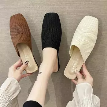 Новая летняя женская обувь, полутапочки Baotou с квадратной головкой, женская внешняя одежда, женские корейские модные сандалии с плоской подошвой, тапочки 35 светло-бежевый