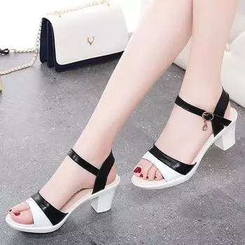 Новая летняя женская обувь, туфли на высоком каблуке с пряжкой, повседневные корейские модные сандалии на толстом каблуке, кожаные туфли на высоком каблуке 37