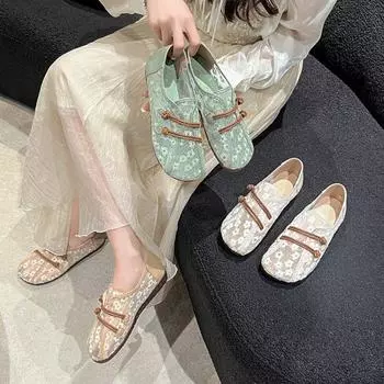 Новая летняя женская обувь, туфли с полыми бобами в национальном стиле в стиле ретро, повседневные удобные туфли без шнуровки на мягкой подошве на сетке, удобные туфли на плоской подошве 35 зелёный