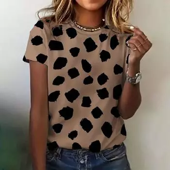 Новая летняя женская одежда, футболка с круглым вырезом, повседневный удобный топ с пятнистым принтом и короткими рукавами, женская элегантная свободная футболка L