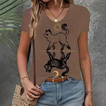 Новая летняя женская одежда футболка свободного кроя с коротким рукавом и 3D принтом кошки топ модный V-образный вырез повседневная одежда женская футболка M