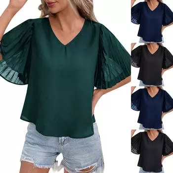 Новая летняя женская одежда, трансграничные однотонные плиссированные женские топы с короткими рукавами L чёрный